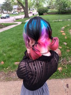 Dyed hair. Sunset dyed hair. Pink hair. Blue hair. Purple hair. Vivid hair. Cute Ways To Color Your Hair, Galaxy Dyed Hair, Cool Hair Dye Colors, Black Blue Purple Hair, Alt Dyed Hair Ideas, Black Pink And Purple Hair, Fun Hair Ideas Color