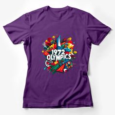 Celebrate a piece of sports history with this vibrant 1972 Olympics graphic T-shirt. Featuring a bold, colorful design reminiscent of the historic event, this tee is perfect for any sports enthusiast or vintage clothing collector. The shirt captures the spirit and excitement of the Olympic games with its dynamic graphic and eye-catching colors. Made with high-quality materials, it provides comfort and durability for any casual occasion or sporty event. Show off your love for the Olympics and mak Retro Sports T-shirt With Graphic Print, Retro Purple T-shirt With Graphic Print, Retro Sports Graphic Print T-shirt, Sporty Multicolor Graphic Print T-shirt, Multicolor Graphic Print Sporty T-shirt, Purple Graphic Print T-shirt For Sports Season, Retro Sports Tops With Graphic Design, Multicolor Graphic Print T-shirt For Sports, Multicolor Crew Neck T-shirt For Sports Events