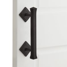 two black handles on a white door