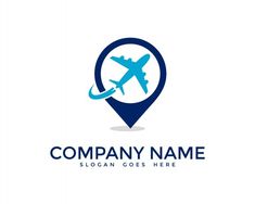 an airplane is flying in the sky on a map pointer logo design for travel company