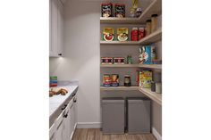 the pantry is stocked with various foods and drinks, including cereals or other items