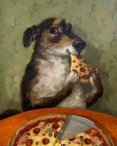 a painting of a dog holding a piece of pizza