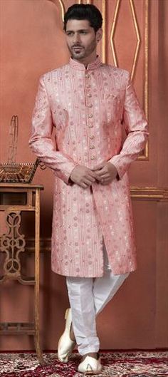 Pink and Majenta color Sherwani in Art Silk fabric with Embroidered, Sequence, Thread work Color Art, Groom Dress, Thread Work, Silk Fabric, Luxury Pink Straight Kurta Sherwani, Luxury Pink Sherwani With Zari Work, Wedding Sherwani, Wedding Pink, Silk Wedding