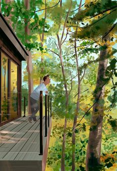 a painting of a person on a porch next to some trees and bushes, looking out onto the woods