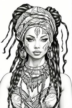 a black and white drawing of a woman with long braids on her head, wearing an