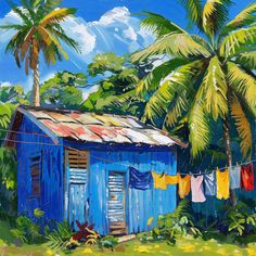 a painting of a blue shack with clothes hanging out to dry