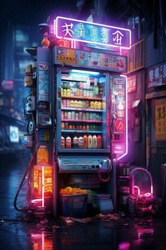 Cyberpunk 3d Art, Hong Kong Cyberpunk, Neon Vending Machine, Cyberpunk Painting Acrylic, Cyberpunk Signs, Cyberpunk Vending Machine, Retro Cyberpunk Aesthetic, Cyberpunk City Aesthetic, Cyberpunk City Concept Art