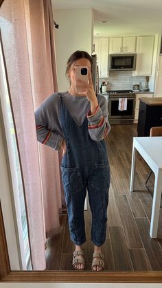 Thrifted Mom Outfits, Crunchy Mom Style, Vintage Mom Outfits, 90s Mom Aesthetic Outfit, Free People Jumpsuit Outfit Winter, Nhs Induction Ceremony Outfit, High Roller Jumpsuit Outfit, Free People Overalls Outfits, Nannying Outfits