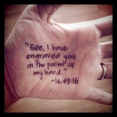 someone's hand with the words i see, i love engaged you in the paw of my hand