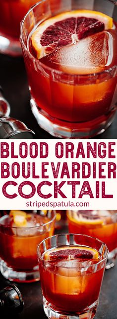 blood orange boulevarder cocktail is served in glasses with garnishes on the rim