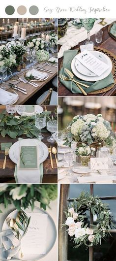 green and white wedding color palettes with greenery, flowers, silverware, napkins