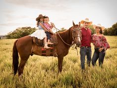 a man, woman and child are standing on a horse in the middle of a field