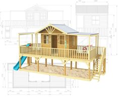 a wooden house with a blue slide in front of it and plans on the side