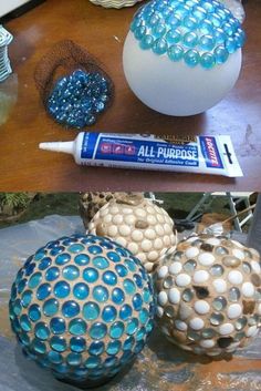 three different types of balls on a table and one has a tube of glue next to it