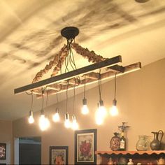 the light fixture is hanging from the ceiling