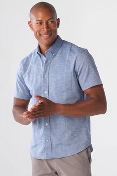 Shop Blue Linen Short Sleeve Shirt at Ash & Erie - FREE shipping, exchanges, and returns. Our clothes are designed from scratch for shorter men 5’8” and under. Fitted Short Sleeve Shirt With Pockets For Summer, Classic Relaxed Fit Short Sleeve Shirt For Business Casual, Relaxed Fit Business Casual Shirt With Collared Neckline, Modern Short Sleeve Shirt With Pockets, Relaxed Fit Short Sleeve Semi-formal Top, Semi-formal Cotton Short Sleeve Shirt, Semi-formal Short Sleeve Shirt For Spring, Semi-formal Short Sleeve Cotton Shirt, Relaxed Fit Short Sleeve Top For Semi-formal Occasions