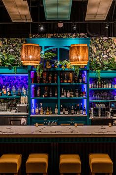 a bar with stools and shelves filled with bottles