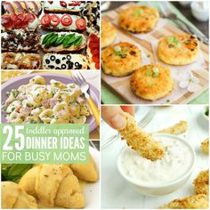 the collage shows different types of appetizers and desserts for busy moms