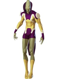 a man in a yellow and purple costume