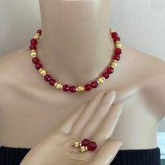 Red Beaded Necklace And Earrings Set With Gold Tone Beads And Rhinestones Lava Stone Jewelry, Beading Art, Diy Earrings Materials, Red Beaded Necklace, Red Beaded Necklaces, Red Coral Necklace, Trending Necklaces, Red Necklace, Necklace And Earrings Set