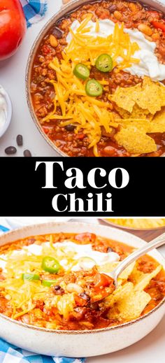 This easy chili - Taco Chili - is a very filling and hearty homemade chili to make during colder months. Easy recipes for winter. Make this Taco Chili for your next Taco Night, or as a one pot dinner for when you have no time. Easy dinner recipes for busy people. Different Types Of Chili Recipes, Crockpot Chili Recipe Easy Simple, Chili With Sausage Recipe, Oklahoma Chili Recipe, Unique Chilli Recipes, Unique Chili Recipe Award Winning, Unusual Chili Recipes, Chili For 2, Mexican Chilli Recipe