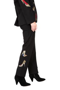 #P21460C- Stepping in Stilettos Pant- Both casual and dressy ponte stretch knit pant with button front, lined side pockets.Great conversational item to suit up with #P21544C- Stepping in Stilettos Blazer. Bottom of pant has two leopard appliquéd high heels, adorned with crystal rhinestones in a black and colbolt blue color. The inside of the waistband is lined with the same leopard print as the heels.Day to nite dressing has been made easy!!ImportedSize S-XXL Spring Formal Elastane Pants, Fall Tapered Leg Elastane Dress Pants, Fall Elastane Tapered Leg Dress Pants, Chic Ankle-length Elastane Dress Pants, Spring Tailored Elastane Pants, Fall Elastane Tapered Leg Pants, Tailored Chic Elastane Pants, Chic Tailored Elastane Pants, Spring Night Out Elastane Dress Pants