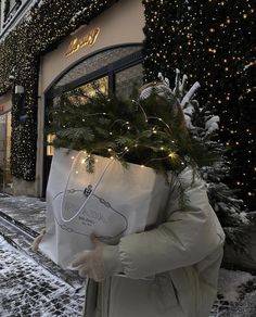 a person carrying a large bag with christmas lights on the side of a street in front of a building