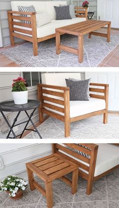 three photos of the same couch and table in different stages of being made into a bench