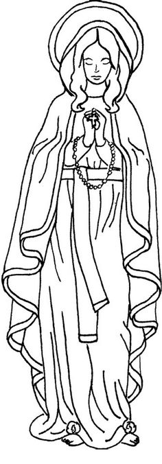 the virgin mary in black and white, with her hands folded over her chest as she stands