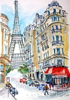 a painting of the eiffel tower in paris with people walking on the sidewalk