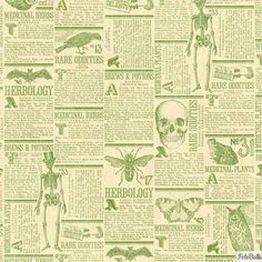 an old newspaper with green and white images on the front page, including a skeleton