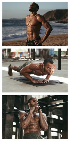 three different images of a man doing exercises on the beach and in front of the ocean