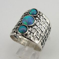 Opal Ring, Stunning Handcrafted 925 Sterling Silver Opal Ring size 7, Blue Opal Ring, Israel Jewelry Unique Handmade Wide Band Round Ring, Unique Handmade Wide Band Ring For Anniversary, Unique Handmade Wide Band Anniversary Ring, Unique Opal Ring For Jewelry Making, Artisan Handmade Opal Ring For Anniversary, Handmade Artisan Opal Ring For Anniversary, Unique Handmade Open Opal Ring, Handmade Bohemian Opal Ring For Anniversary, Handmade Unique Open Opal Ring