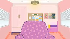 a room with a purple chair and pink walls