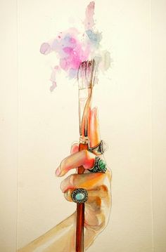 a watercolor painting of a hand holding a brush