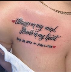 a woman's chest with the words always my mind, never my heart written on it