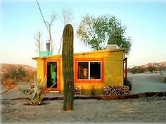 a small yellow house with a cactus in the front yard