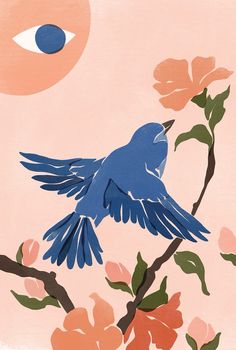 a blue bird sitting on top of a tree branch next to pink and orange flowers