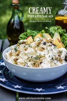 creamy potato salad with apples, raisins and walnuts