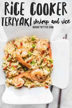 rice cooker teriyaki shrimp and rice in a white bowl