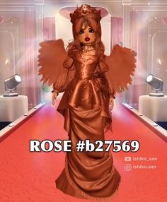 a woman dressed in an angel costume walking down a red carpeted hallway with the words rose bl2569