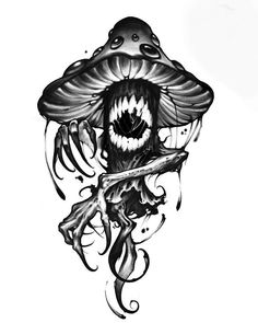 a black and white drawing of a mushroom with a skull on it's face