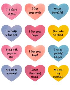 six heart shaped conversation cards with the words i love you in your smile on them