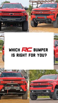 four different pictures of the front and rear bumpers of a red truck with text which reads, which rc bumper is right for you?