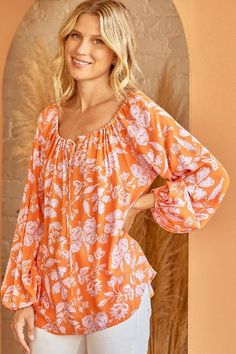 Emily WonderCasual flower print sunny blouse with adjustable neck tie and long sleeves. Woven. Special blouse!Color: Orange MultiSizes: S-M-L 100% Polyester, imported B4/T11233-1 Flower Print, Color Orange, Flower Prints, Neck Tie, Sunnies, Top Blouse, Long Sleeves, Wonder, Orange