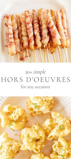 bacon skewers and other appetizers on a white plate with text overlay that reads, 20 simple hors d'oeuvres for any occasion