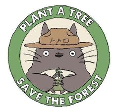 the logo for plant a tree save the forest with a cat wearing a hat and holding a twig