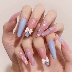 Aksod Cute Heart Press on Nails Glossy Long Coffin Fake Nails Designed Coloful Pink Bow French Ballerina Nails Tips Wedding Party Valentine's Day Full Cover Artificial Nails for Women and Girls 24Pcs (Style D) Bow Nail Art, Nail Art For Kids, 3d Nail Designs, Fake Nails Long, Natural Nail Art, Fake Nails Designs, Nails Tips, Pearl Nails