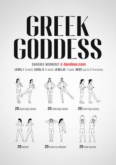 the greek goddess workout guide is shown in black and white, with instructions for how to do