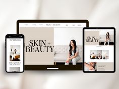 three phones, two laptops and one tablet are displaying skin beauty products on the screen